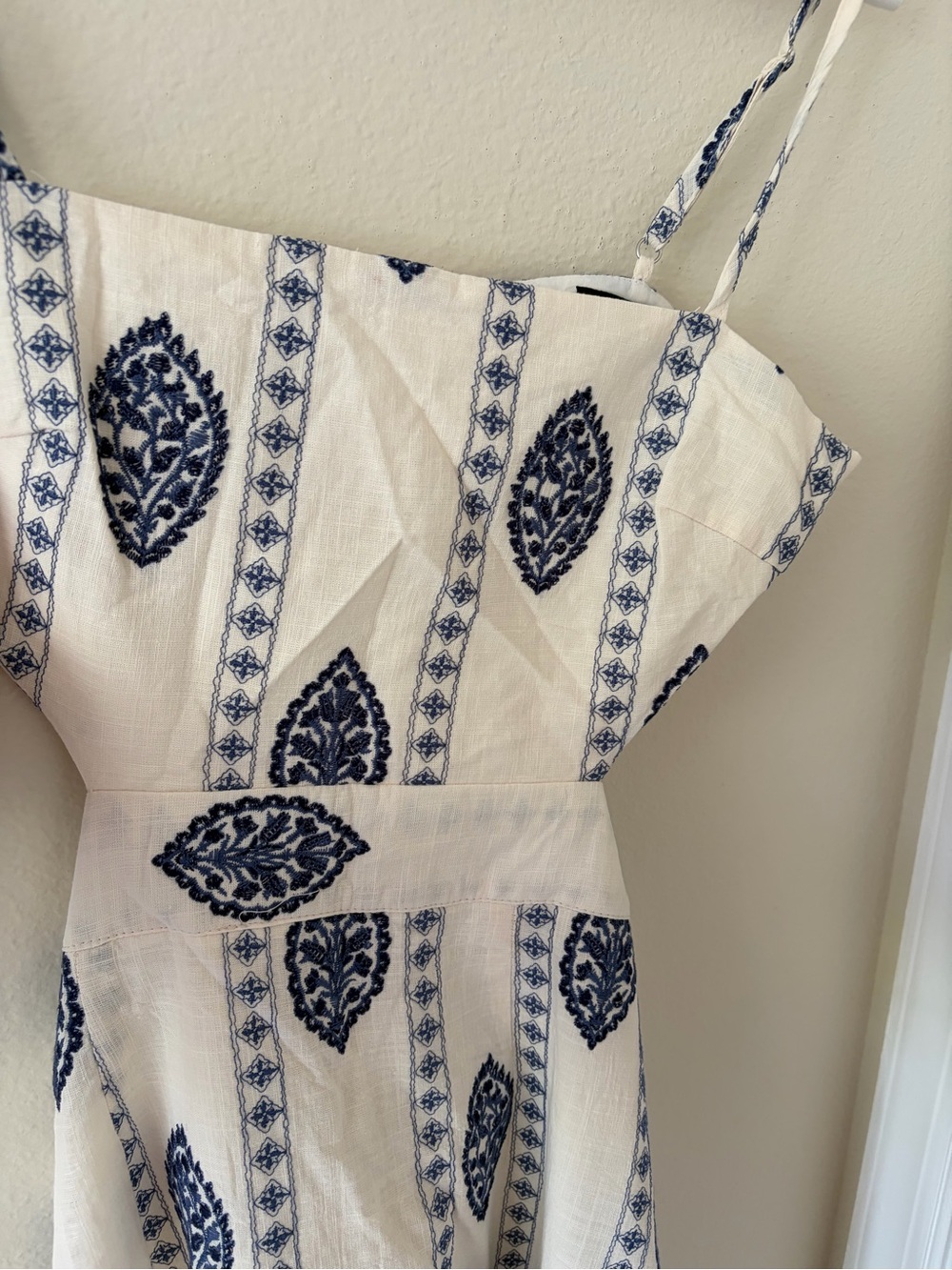 Zara White Dress with Navy Blue Embroidered Strap Detail